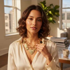 Collier à breloques avec gros coeurs noirs et dorés, chic et tendance