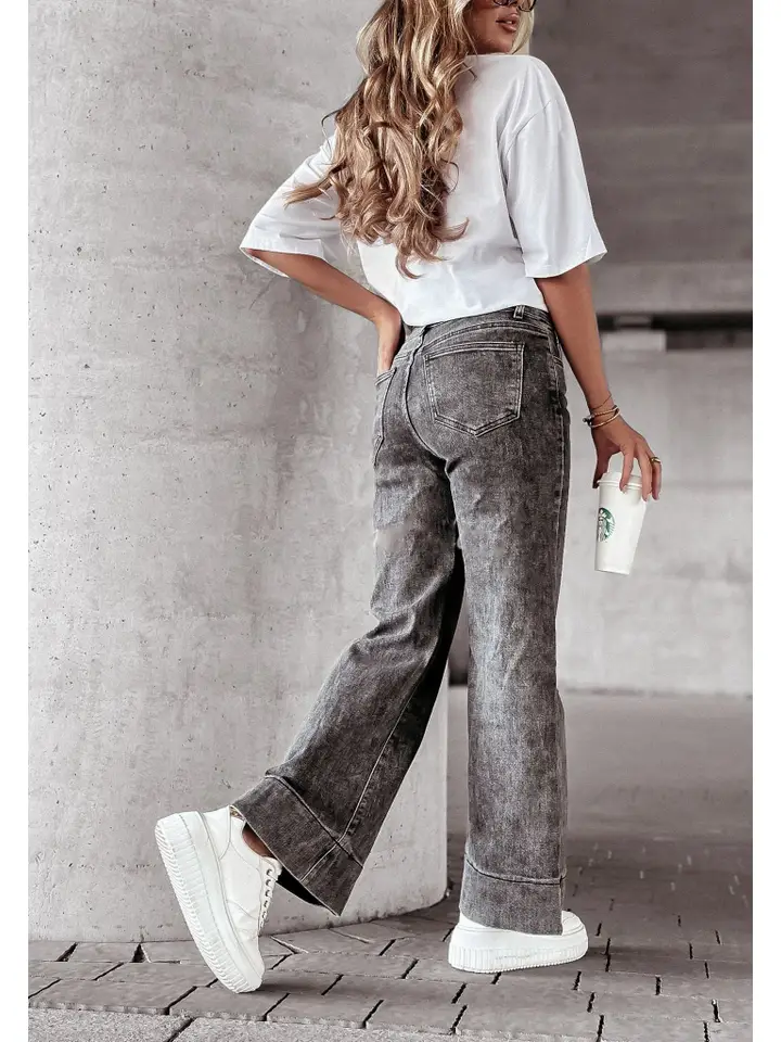 jean wide leg gris foncé stretch avec bas revers